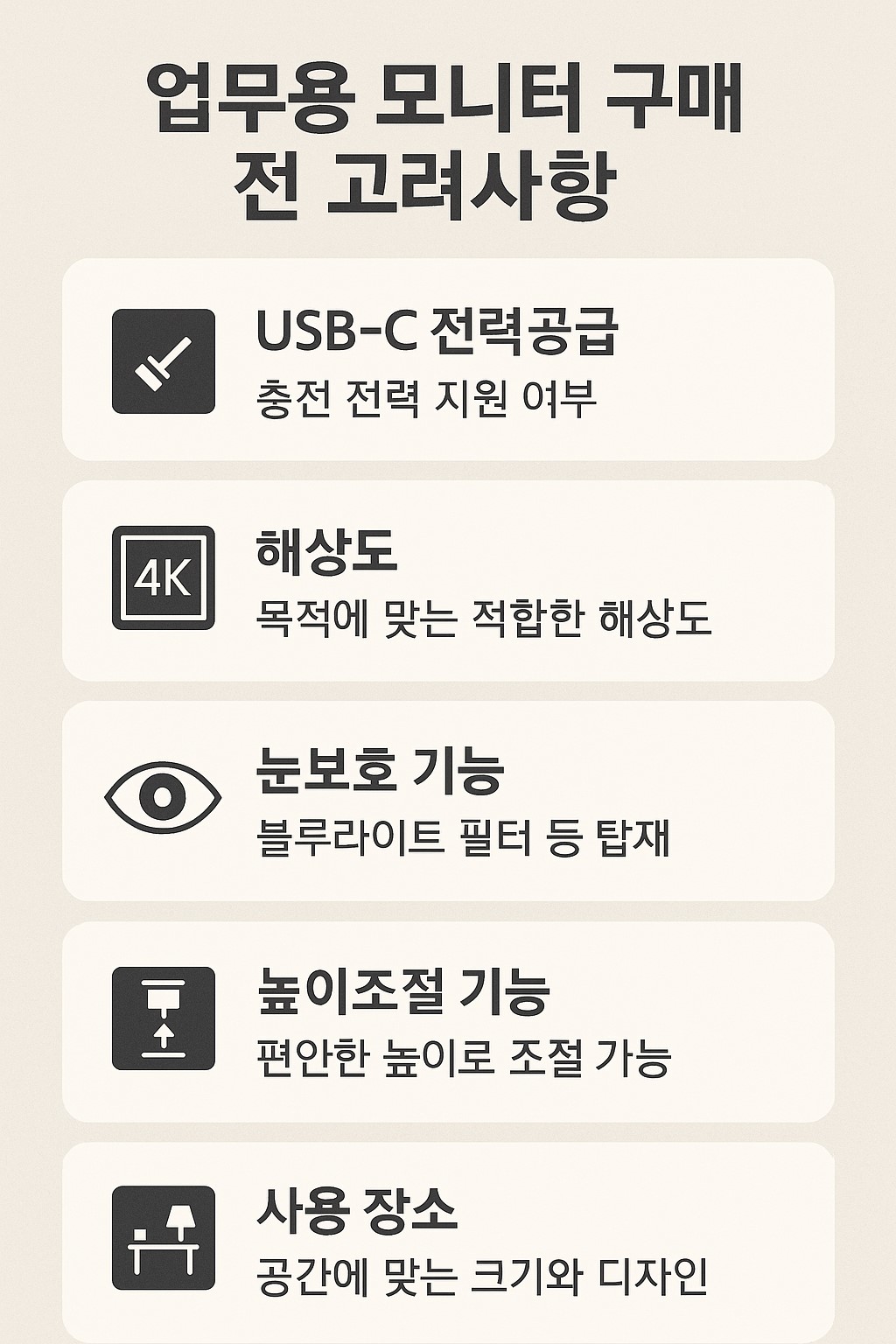 업무용 모니터 구매 전에 확인해야 할 USB-C 전력공급, 해상도, 눈보호, 높이조절, 사용장소 항목을 정리한 체크리스트 인포그래픽