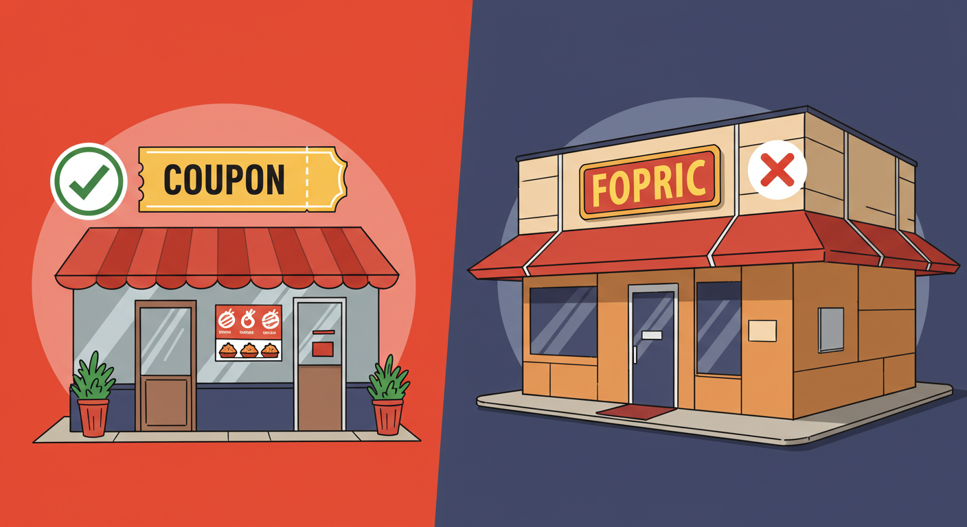 소규모 식당과 대형 프랜차이즈의 소비쿠폰 사용 가능성 차이를 보여주는 이미지