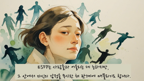 ESFP는 사람들과 어울리는 데 능하지만, 그 안에서 자신의 감정을 무시한 채 관계에 매몰되기도 합니다에 관한 그림입니다