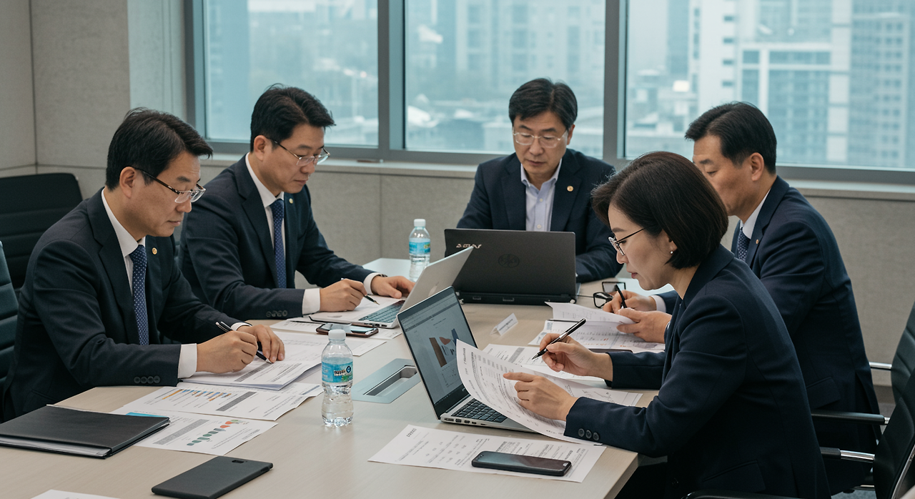 투자 전략을 논의하는 기관 투자자들과 다양한 자료가 놓여 있는 회의실