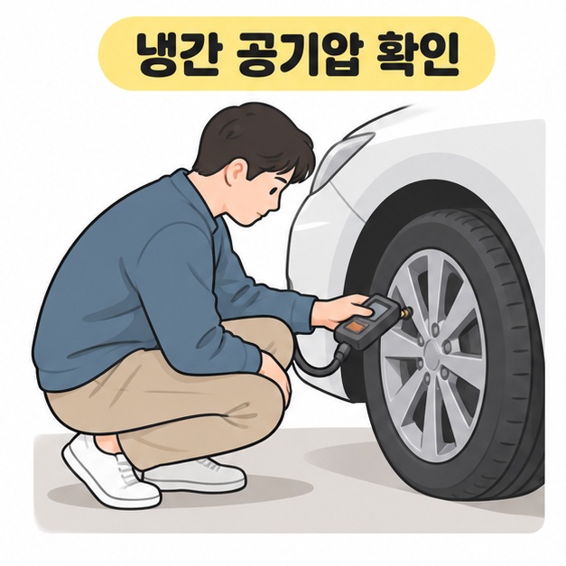 냉간 공기압 확인 제목 아래 타이어 옆에 앉아 압력 게이지로 공기압을 측정하는 남성
