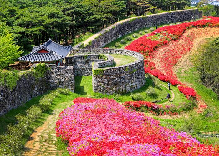 성둘레로 철쭉꽃이 붉게 물들어 있다.