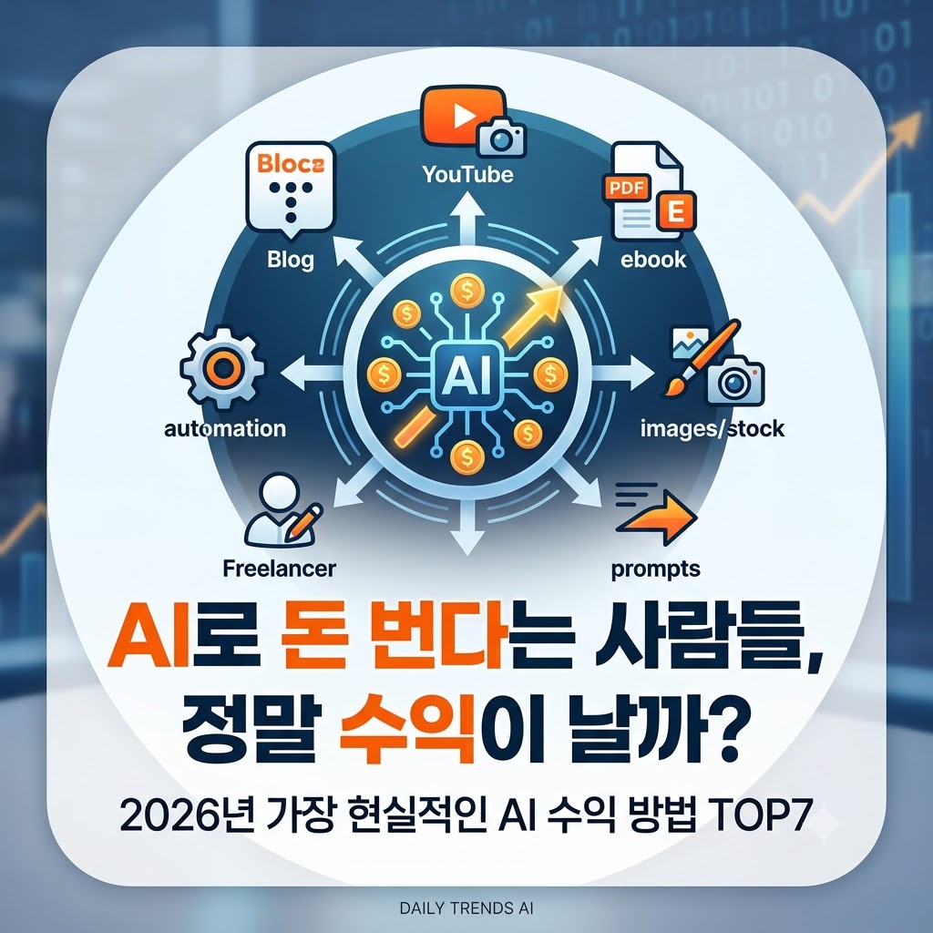 AI로 돈 번다는 사람들, 정말 수익이 날까? 2026년 가장 현실적인 AI 수익 방법 TOP7(블로그, 유튜브, 전자책, 이미지/스톡, 프롬프트, 프리랜서, 자동화)을 요약한 이미지