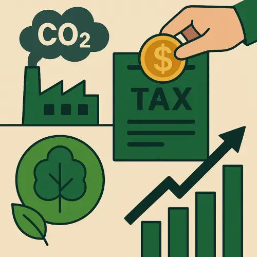공장에서 나오는 CO₂, 세금 문서에 동전을 넣는 손, 나뭇잎과 그래프가 배치된 탄소세를 상징하는 그림