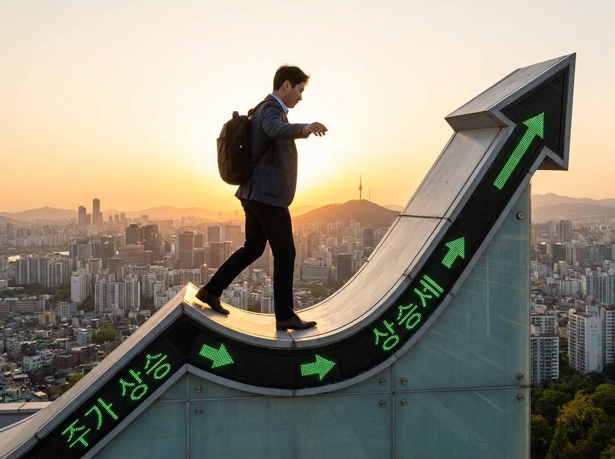 상승하는 주가 그래프 곡선 위를 걷는 사람과 그 뒤로 따뜻한 햇살이 비치는 도시 전경