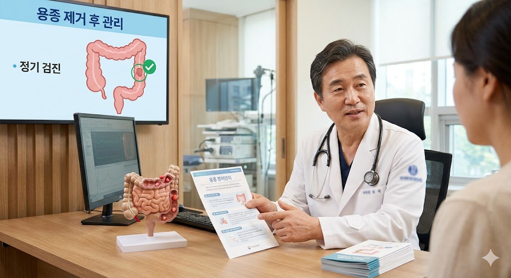 용종 제거 후 관리 설명하는 의사