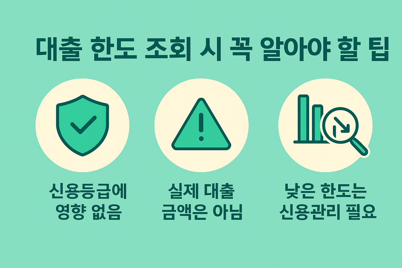 대출 한도 조회 시 신용등급에 영향이 없으며 실제 대출 금액과 차이가 날 수 있다는 유의사항을 정리한 시각적 인포그래픽입니다.