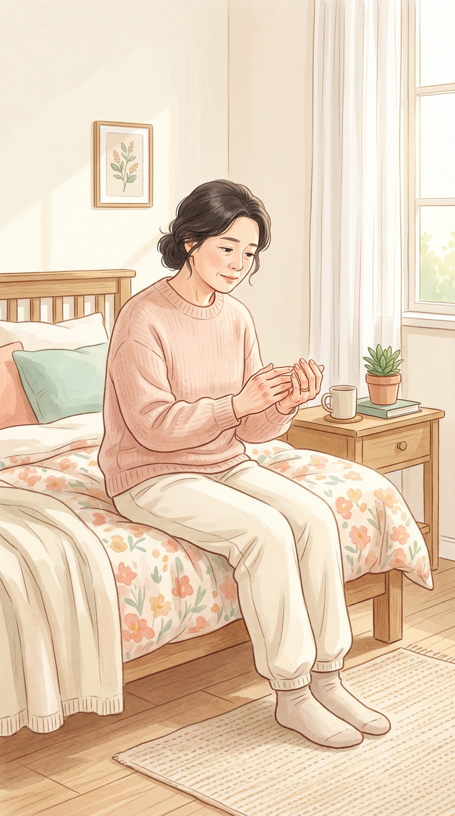 아침에 부은 손을 바라보며 걱정하는 50대의 표정