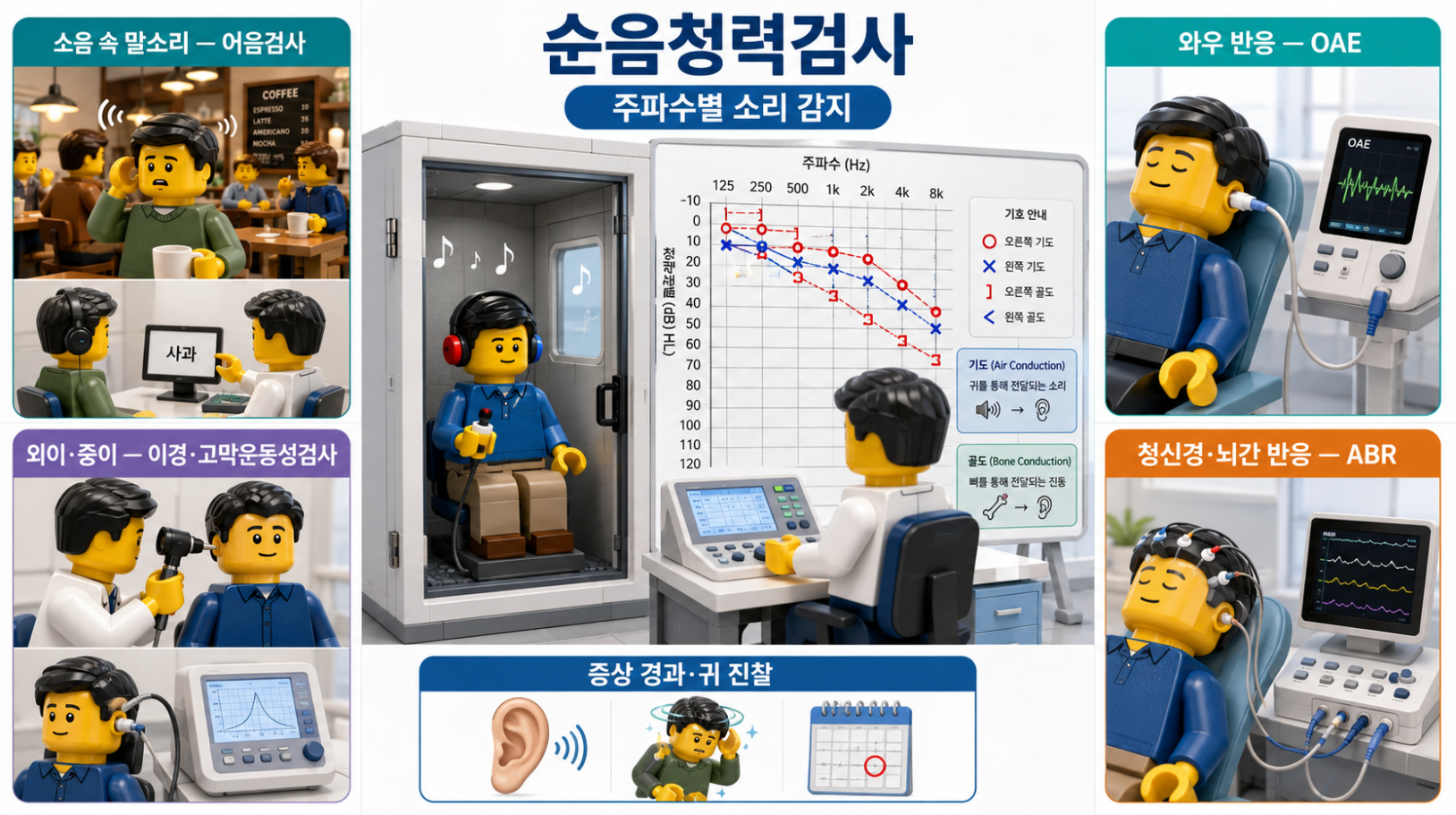 순음청력검사와 어음검사·이경검사·OAE·ABR 등 추가 청각검사 역할 비교 의료 인포그래픽