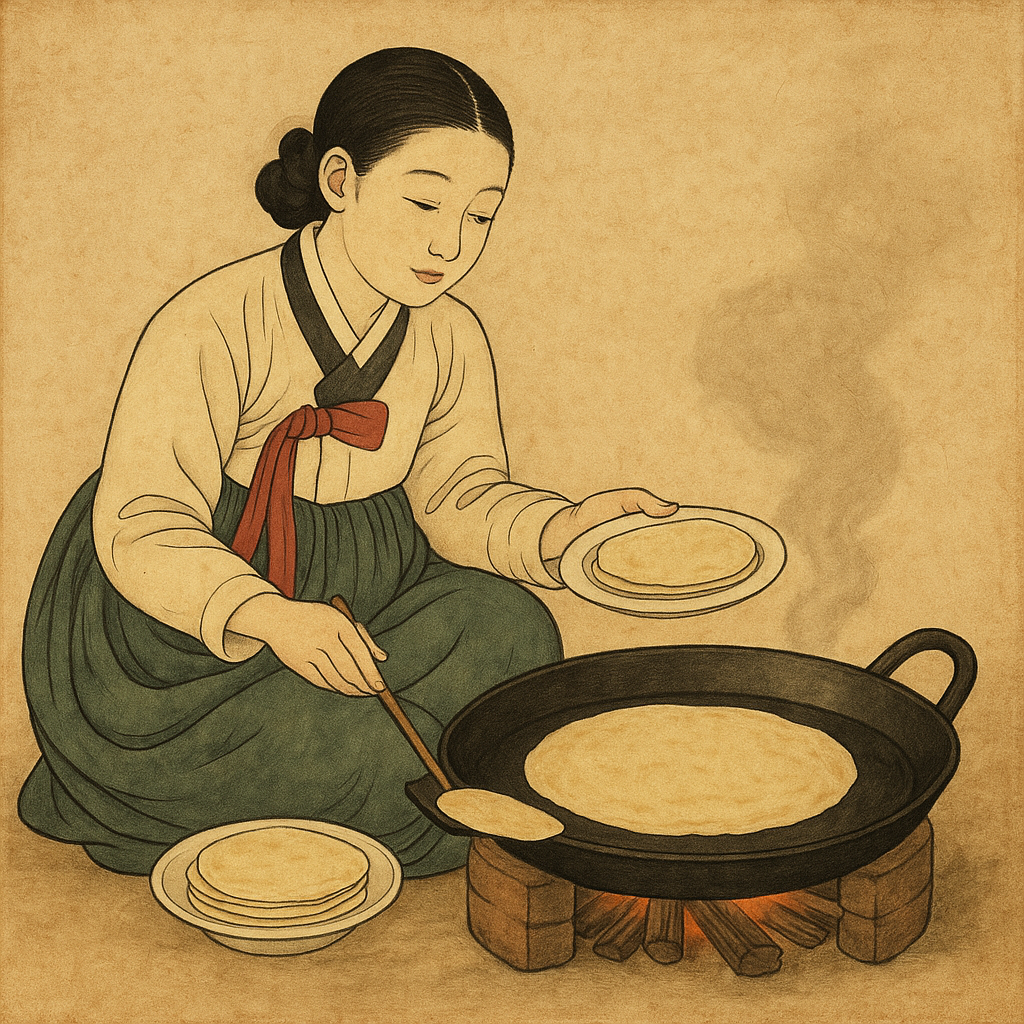 한복을 입고 밀전병을 부칙로 있는 여성