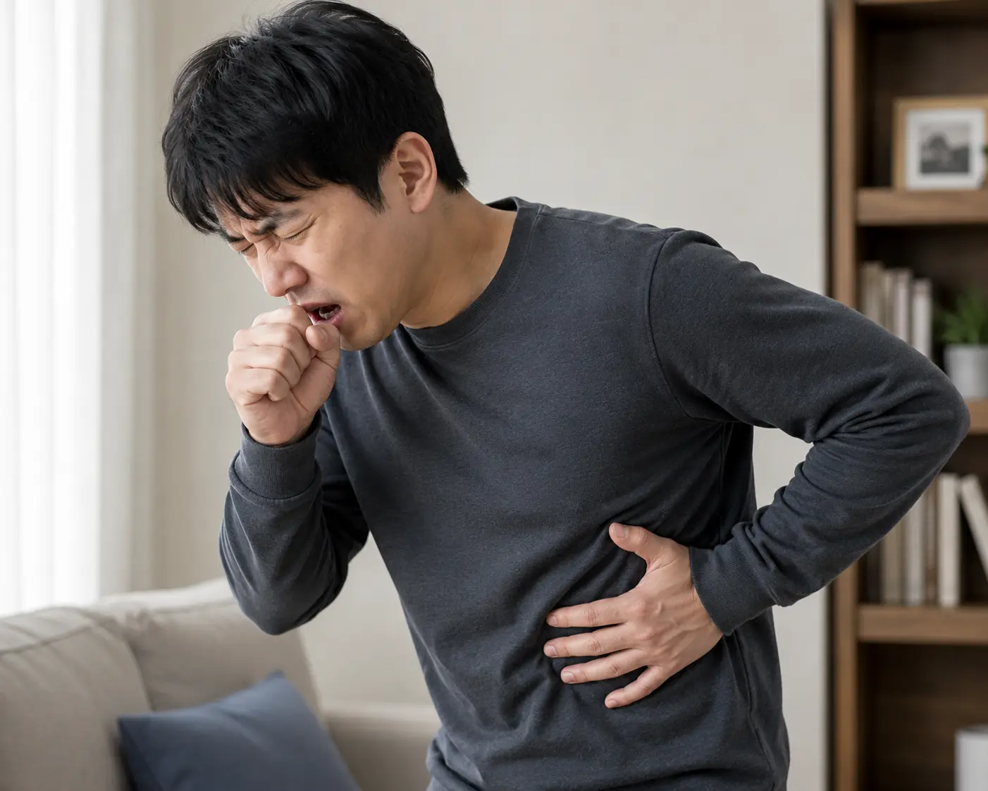 기침할 때 갈비뼈 옆구리 통증을 느끼는 모습
