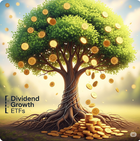 안정적으로 성장하는 나무에서 동전이 열매처럼 열려 떨어지고 있는 모습. 이는 '배당 성장 ETF'를 통해 꾸준히 증가하는 현금 흐름을 상징