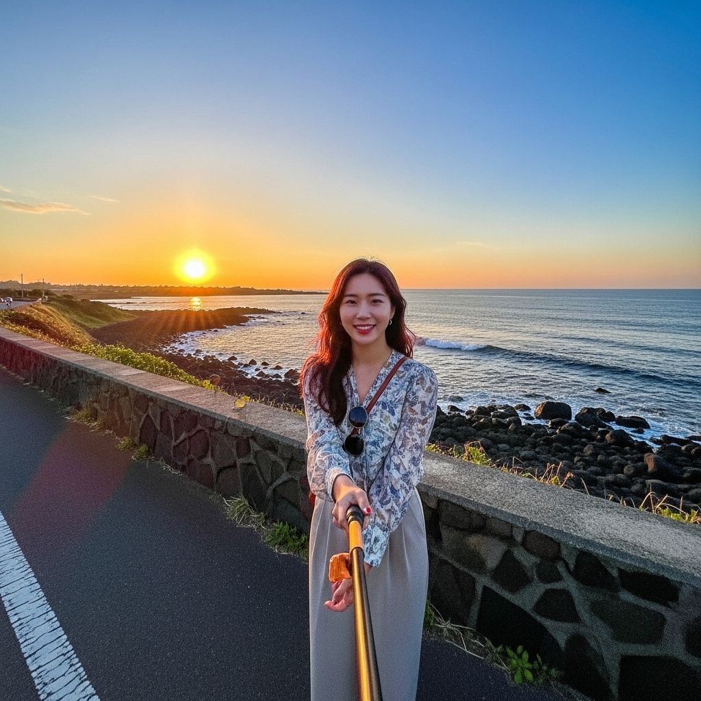 경차 유류비 환급, 셀카봉으로 사진 찍고 있는 여성