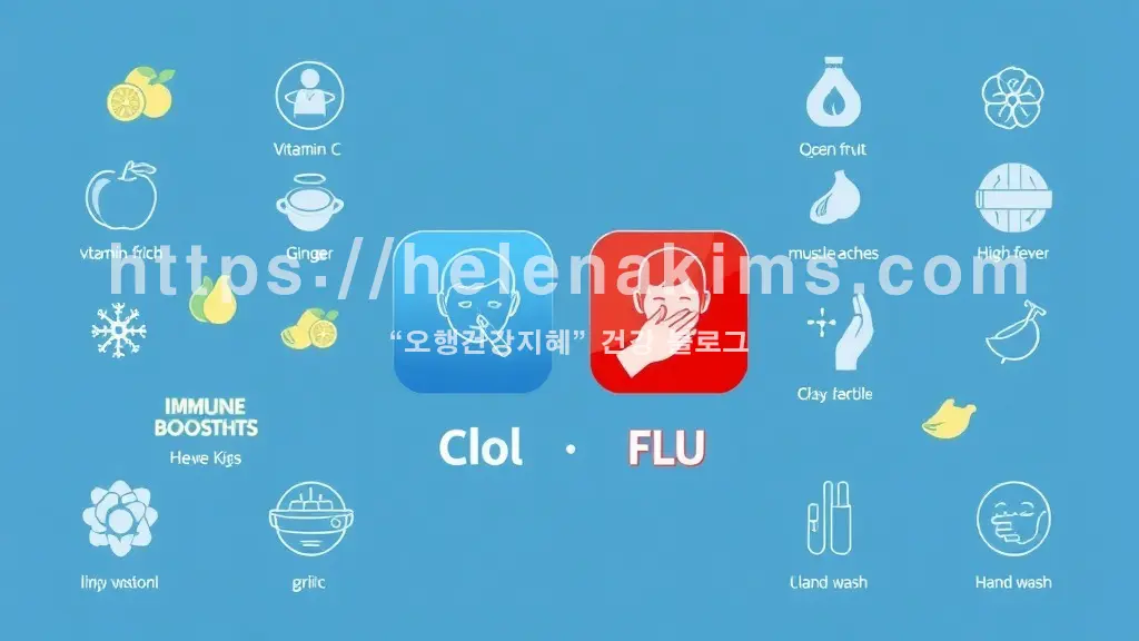 이미지 중앙에 감기와 독감을 상징하는 두 개의 대조적인 아이콘을 배치한다. 감기는 차분한 파란색 계열의 콧물, 재채기 아이콘으로, 독감은 강렬한 붉은색 계열의 고열, 근육통 아이콘으로 표현한 이미지.