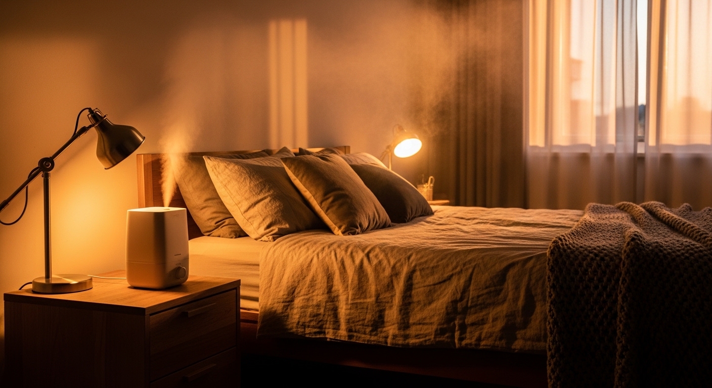 따뜻한 조명 아래 촉촉한 공기가 감도는 침실, 가습기에서 안개가 부드럽게 나오는 모습