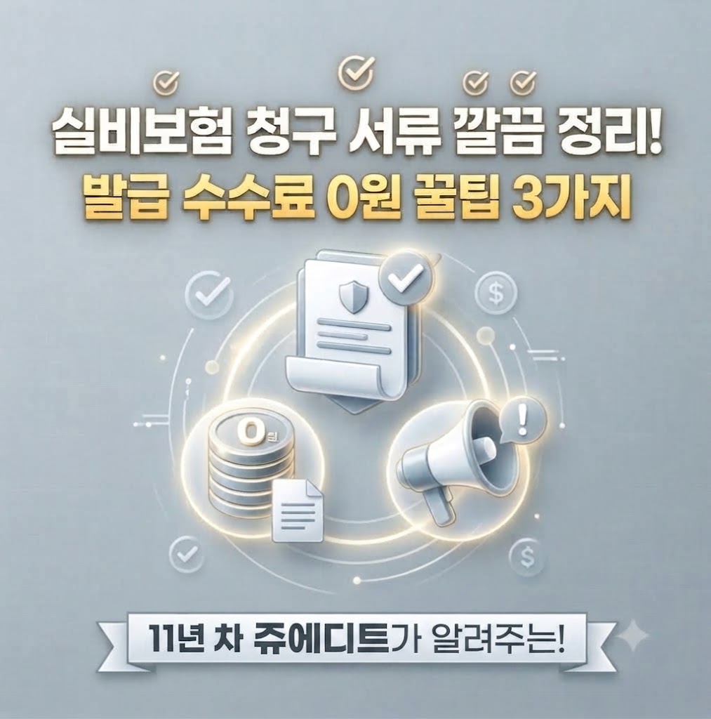 실비보험 청구 서류 정리와 발급 수수료를 아끼는 3가지 방법을 안내하는 11년 차 쥬에디트의 실무 가이드 이미지입니다.
