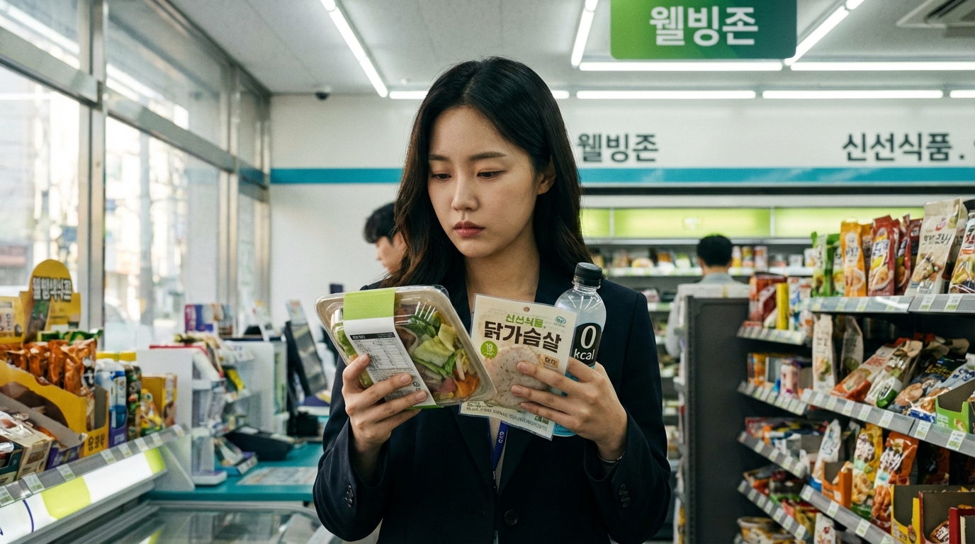 한국 편의점에서 영양 성분표를 꼼꼼히 확인하며 다이어트 식단을 고르는 직장인의 모습