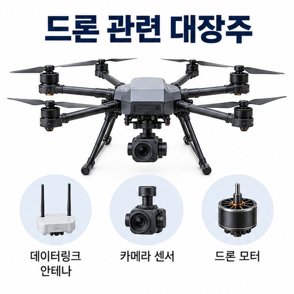 드론 관련 대장주라는 제목과 산업용 드론 및 국내 상장사 분석을 상징하는 대표 이미지