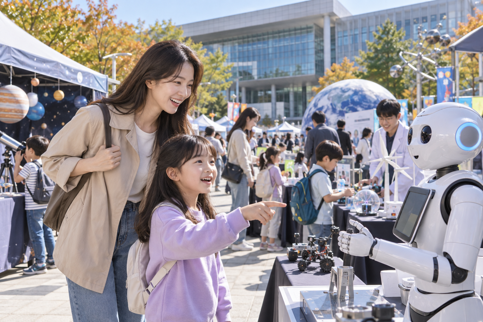 보호자와 아이가 금천과학축제 과학 체험 부스를 둘러보는 모습