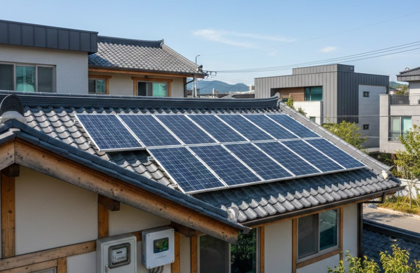 주택 옥상에 설치된 태양광 패널과 전기 계량기가 함께 있는 가정용 태양광 발전 시스템 이미지