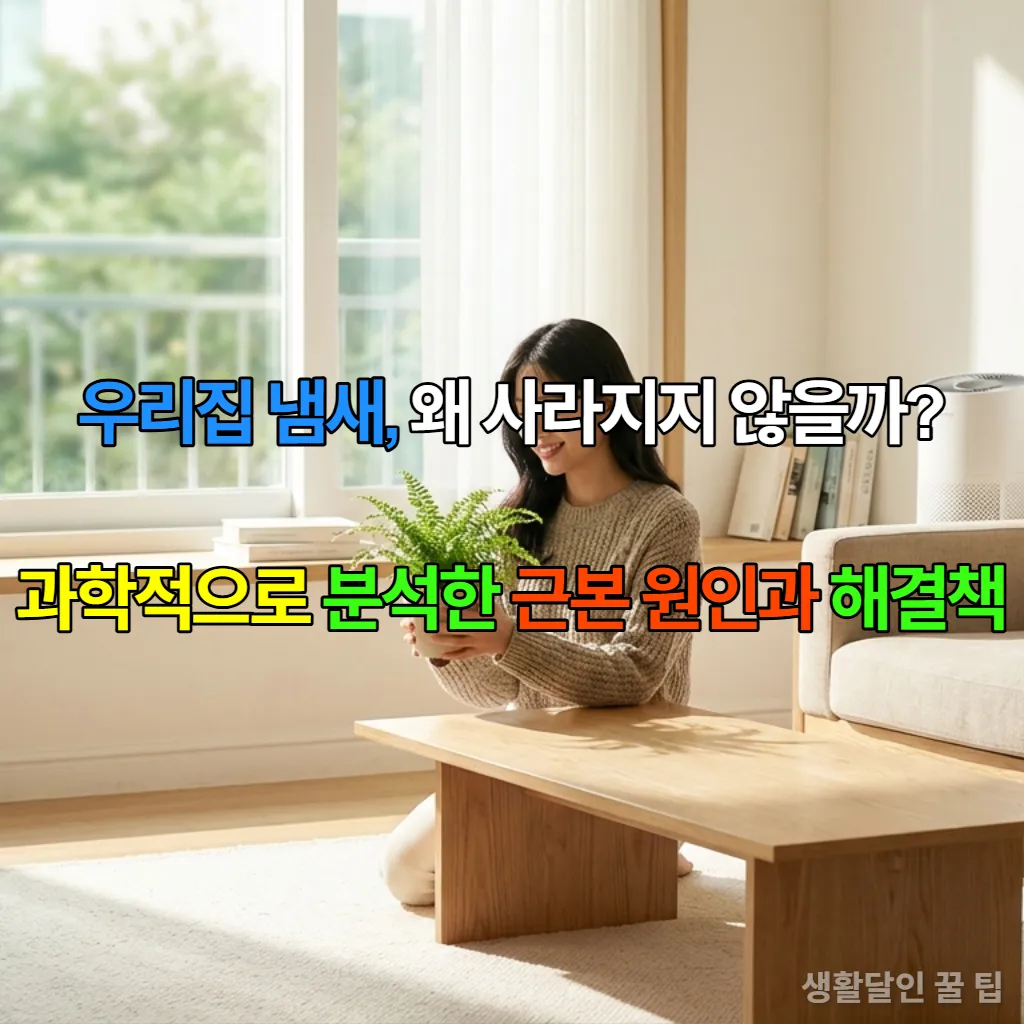 밝고 쾌적한 한국 거실에서 식물을 들고 미소 짓는 여성