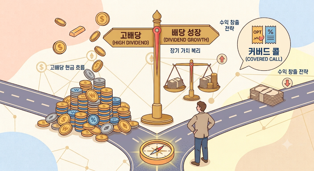 세 갈래 길 앞에 선 인물과 각 길에 고배당·배당성장·커버드콜 표지판이 붙은 일러스트