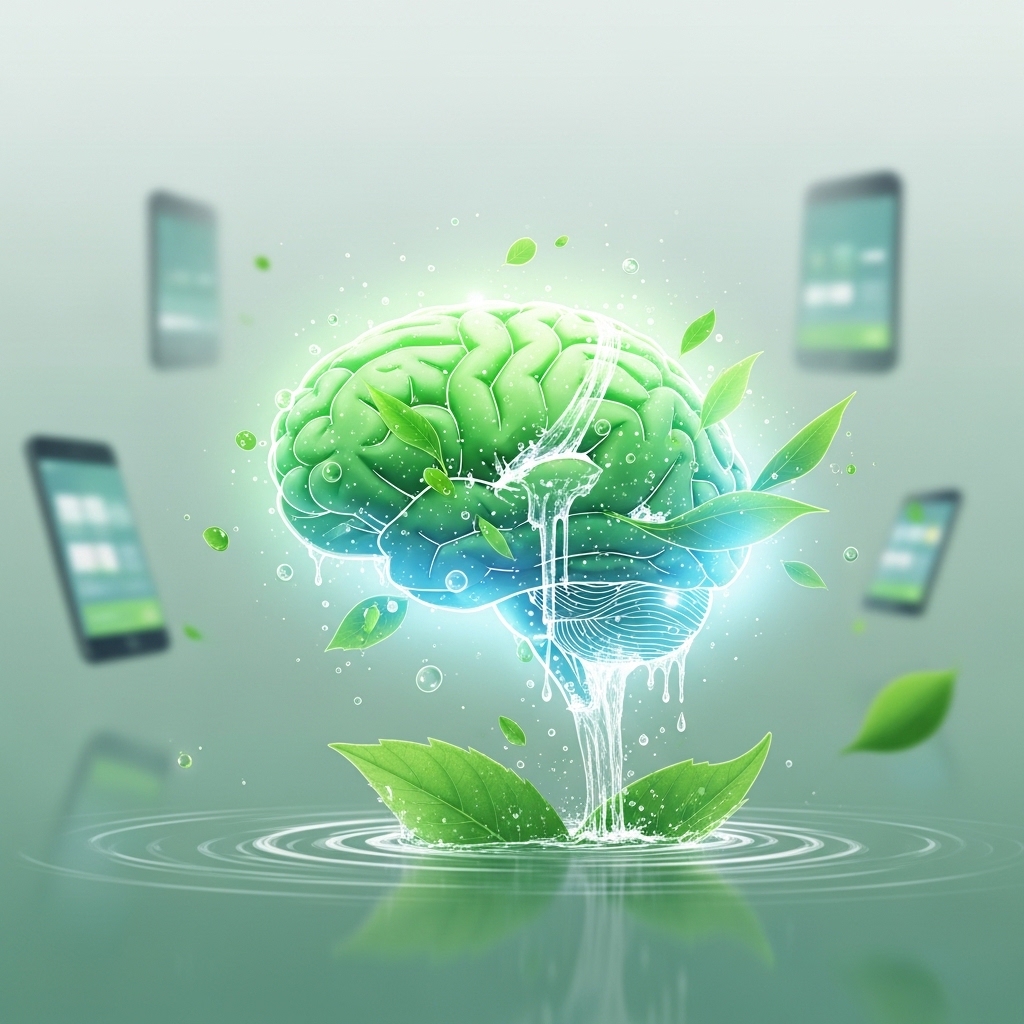 숲속에서 깨끗하게 정화되는 뇌의 모습, 디지털 기기들이 희미해지며 정신적인 휴식과 재생을 상징합니다.
