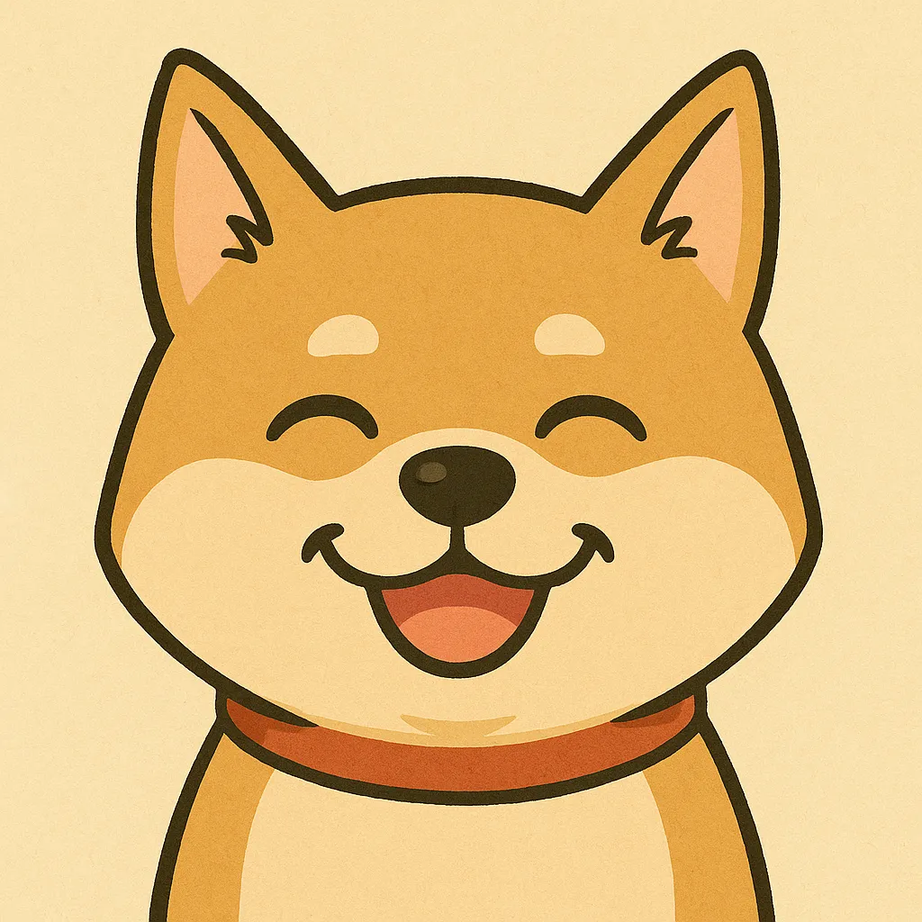 활짝 웃고 있는 귀여운 시바견 일러스트. 밝고 행복한 표정을 하고 있으며, 붉은색 목줄을 하고 있다