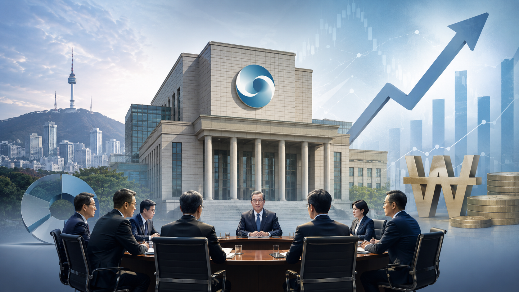 한국은행 금리 결정을 앞두고 회의와 금융 지표를 보여주는 경제 이미지