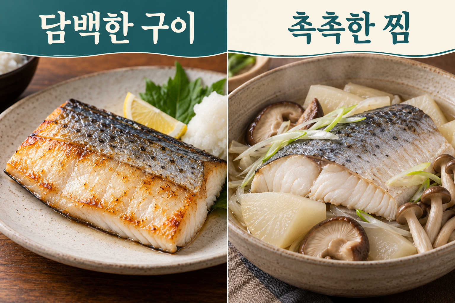 담백하게 익힌 삼치구이와 무&middot;버섯을 곁들인 삼치찜.