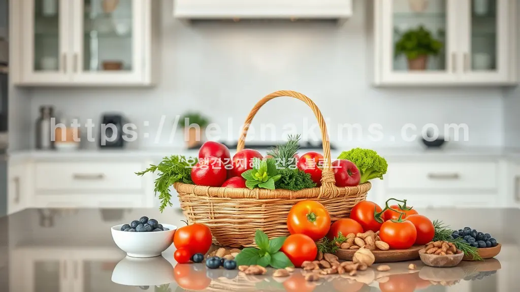 깨끗한 주방 식탁 위에 대나무 바구니에 담긴 사과와 싱싱한 채소들 그리고 그 옆에는 토마토, 블루베리, 요거트, 견과류 등 다양한 자연식품들이 놓인 모습.