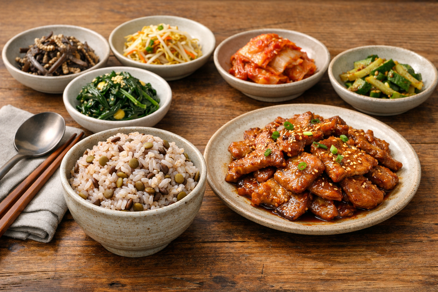 렌틸콩과 귀리를 섞은 밥 한 공기, 각종 나물과 김치, 알룰로스로 윤기를 낸 제육볶음이 놓인 정갈한 밥상