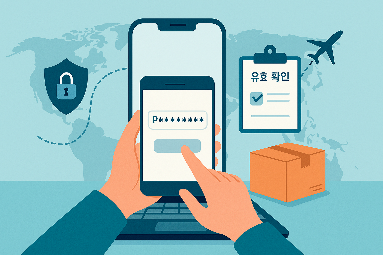 스마트폰에 P************를 입력하는 장면과 유효 확인 체크, 국제배송 아이콘 일러스트