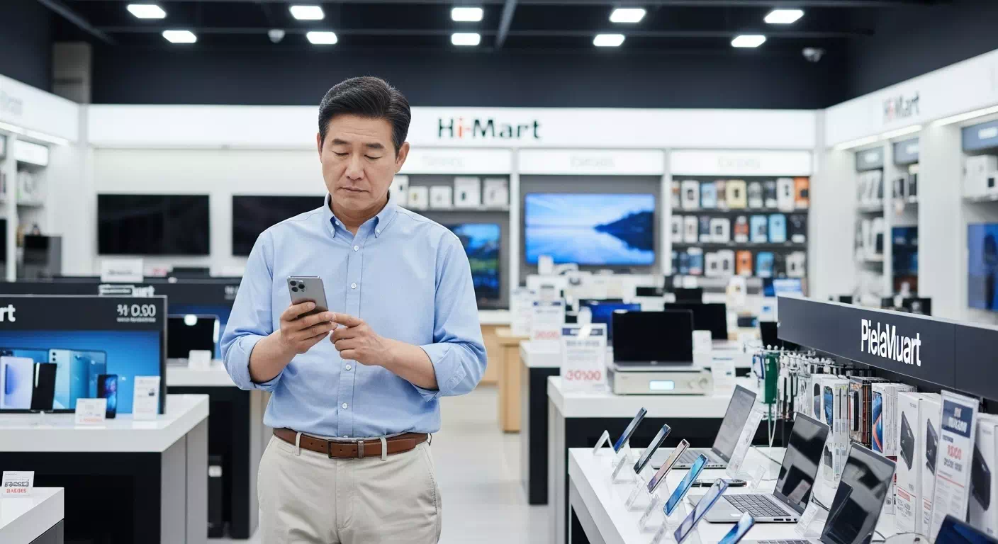 전자제품 매장에서 결제를 포기하는 중년 남성&amp;#44; 제한 업종 예시 장면