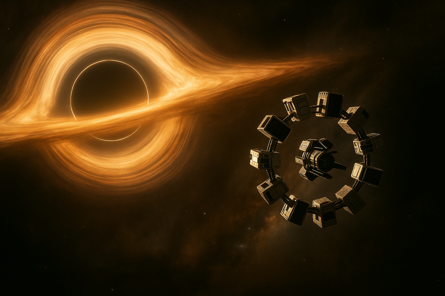 블랙홀 가르강튀아를 향해 비행하는 우주선 인듀어런스