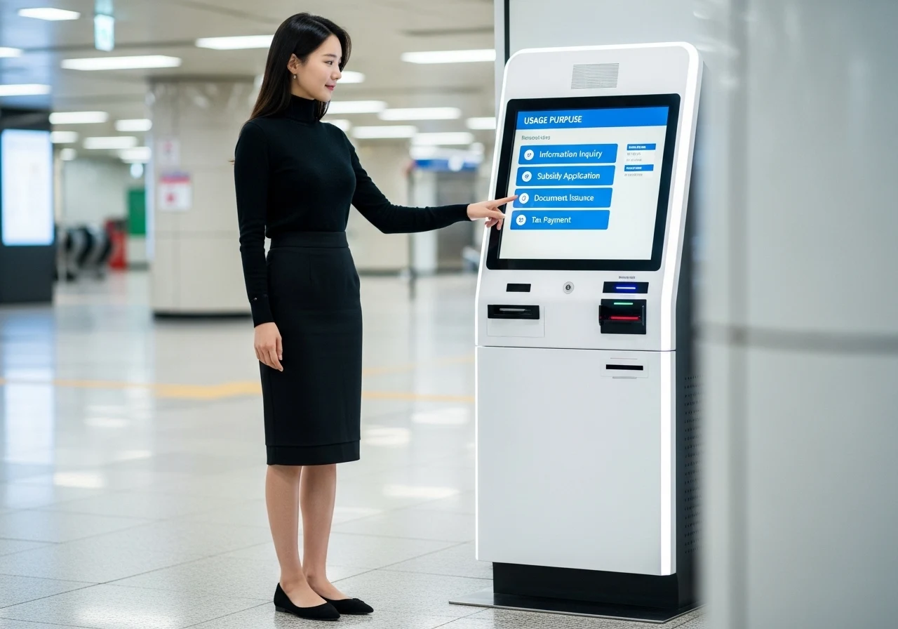 젊은 한국인 여성이 한국의 무인민원발급기에서, 'Subsidy Application' 항목을 선택하여 무료로 주민등록등본을 발급받고 있다