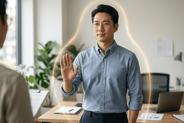 40대 한국남성이 다른사람의 부탁을 거절하는 장면