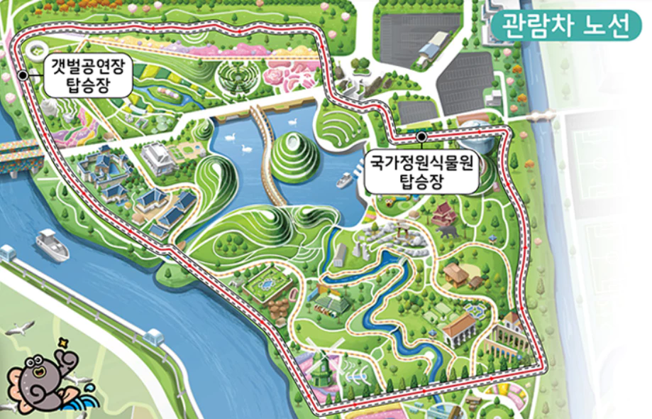 순천만국가정원의 지도에서 관람차를 탈수 있는 갯벌공연장 탑승장이 왼쪽상단에 국가정원식물원이 오른쪽 중간에 있다