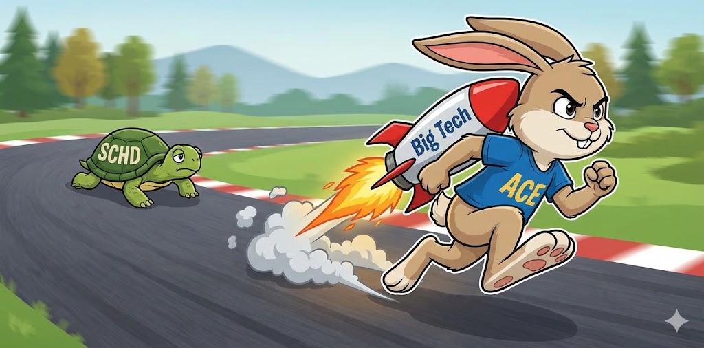 느긋하게 걷는 SCHD 거북이와, 등에 '빅테크 부스터'를 달고 빠르게 달리는 ACE 토끼의 경주 모습