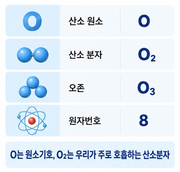 산소 원소 O 산소분자 O2 오존 O3의 차이와 원자번호 8을 비교해 설명한 이미지