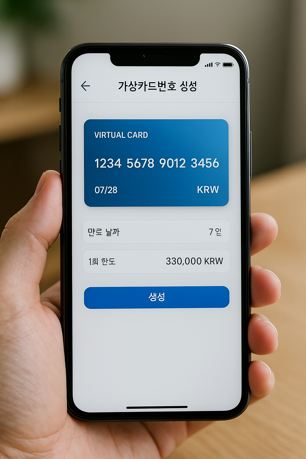 드 앱에서 &lsquo;가상카드번호 생성&rsquo; 화면을 여는 손, 만료&middot;한도 옵션이 보이는 장면(실제 카드번호는 흐림 처리)