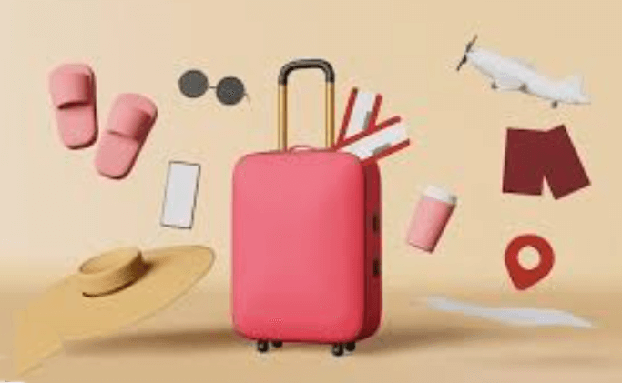 공항 수속 중인 여행객들과 캐리어, 여권, 항공권 등 여행 준비물을 함께 담은 이미지, 전자여권을 소지한 여행객의 출국 준비를 상징하는 장면