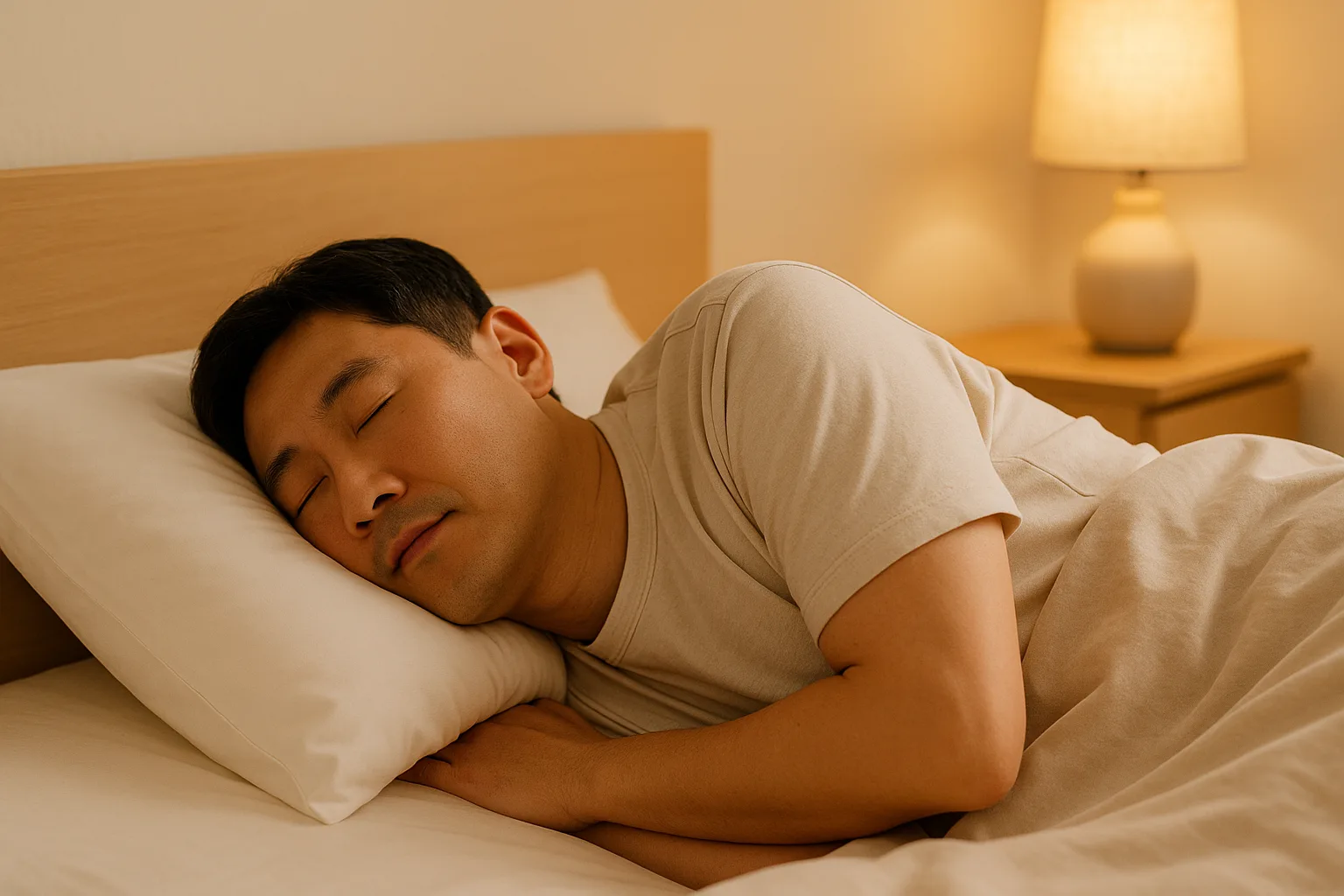 적정 높이의 베개를 사용하며 옆으로 누워 자는 한국인 남성, 목과 머리가 자연스럽게 지지된 모습