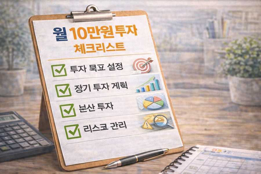 초보 투자자가 확인해야 하는 월 10만원 투자 체크리스트를 설명하는 투자 전략 이미지
