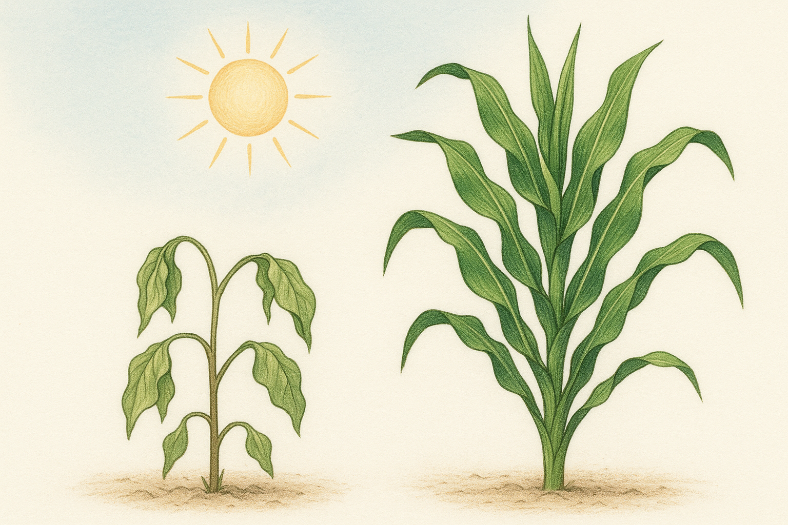 C3 광합성을 하는 식물(좌), C4 광합성을 하는 식물(우) 대비 일러스트