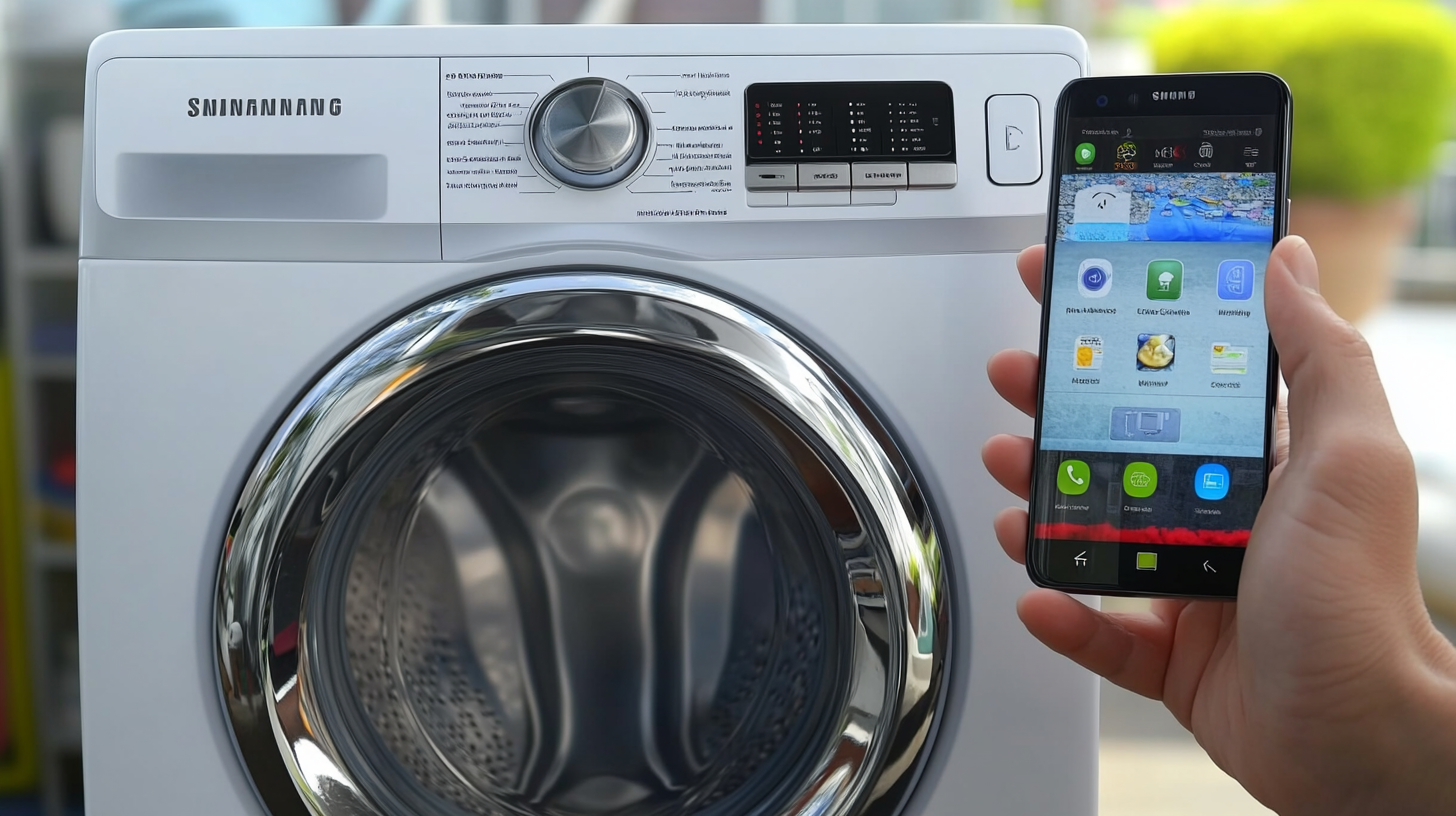 스마트 기술을 통해 앱으로 원격 제어되는 삼성 세탁기, 스마트폰 화면을 들고 있는 사용자의 손 모습