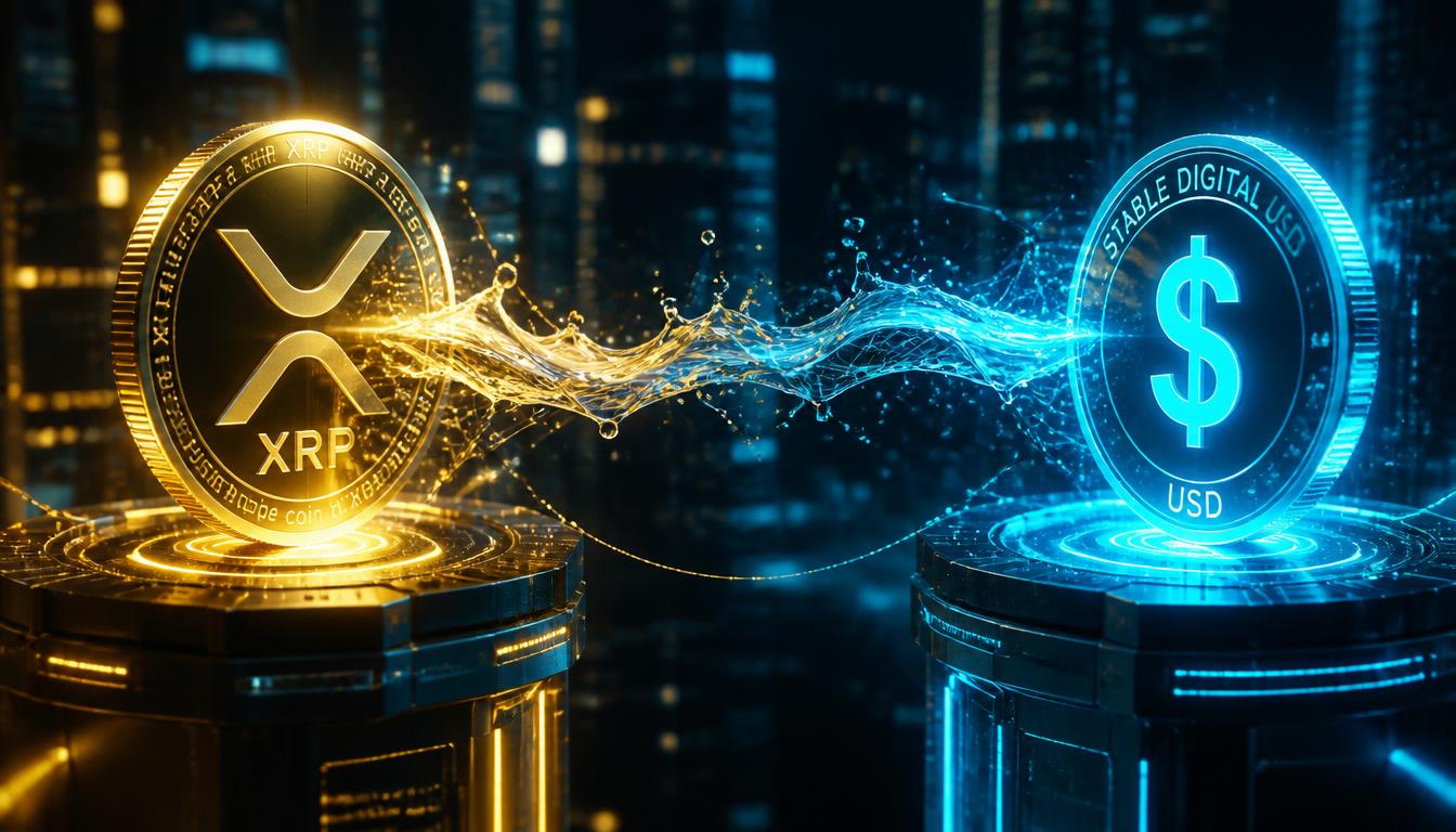 An illustration of XRP tokens converting yield into RLUSD US Dollar stablecoins on a blockchain network.