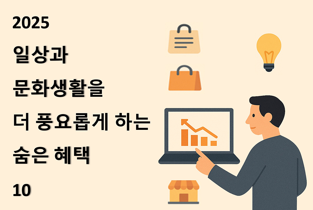 2025년, 일상과 문화생활을 더 풍요롭게 하는 숨은 혜택 10가지라는 문구와 함께 남성이 노트북 그래프를 가리키고, 전구, 상점, 체크리스트, 쇼핑백 아이콘이 배열된 베이지 톤 플랫 스타일 일러스트