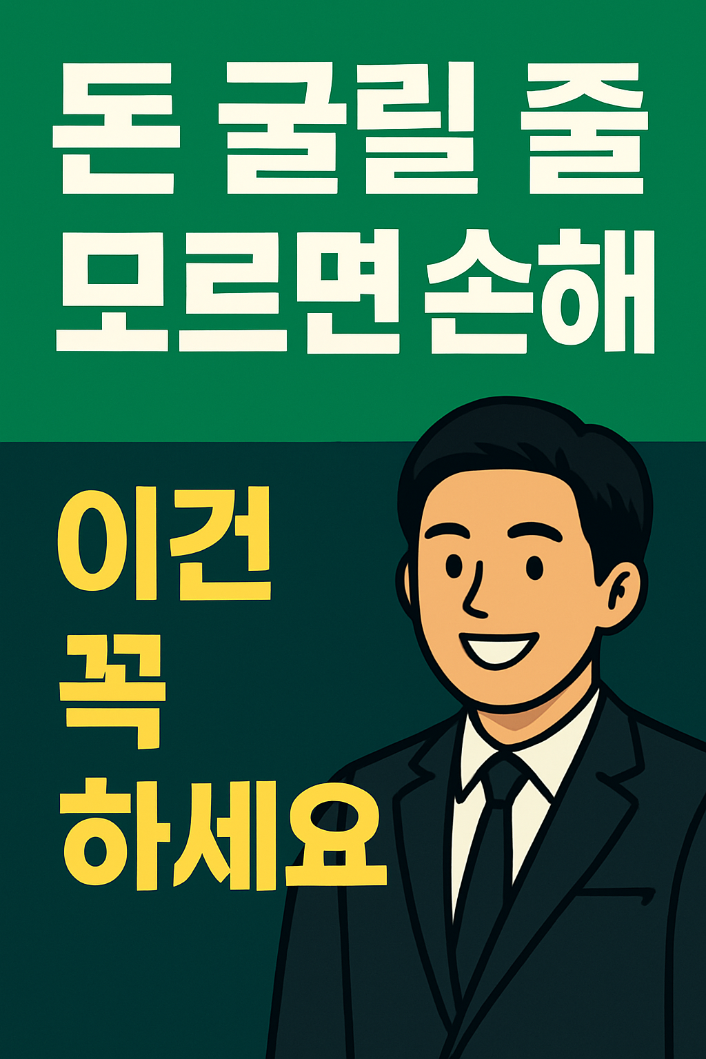 정장을 입은 남성 일러스트와 함께 '돈 굴릴 줄 모르면 손해! 이건 꼭 하세요' 문구가 적힌 재테크 정보 썸네일 이미지입니다.