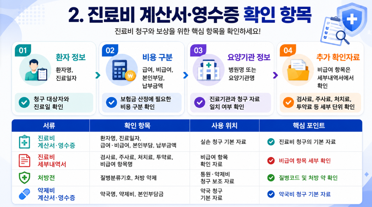 진료비 계산서&middot;영수증에서 환자명, 진료일자, 급여&middot;비급여, 본인부담금 등 확인 항목을 정리한 인포그래픽